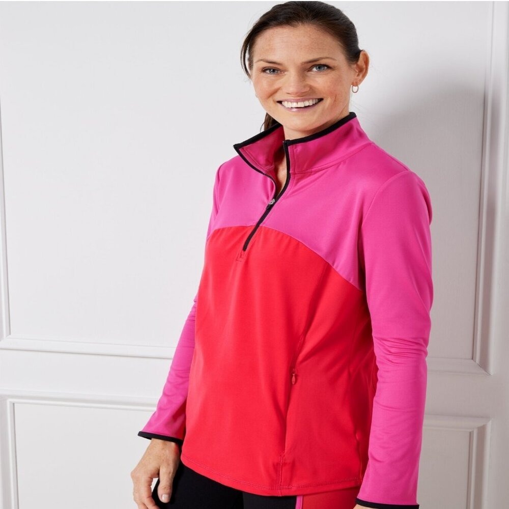 T by Talbots Petites S Women Quarter Zip Active Pullover Colorblock Casual Top